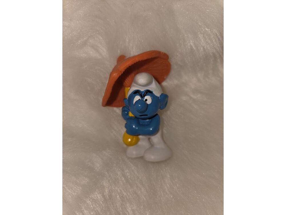 Vintage Grouchy Smurf Figurine with Orange Mushroom Umbrella